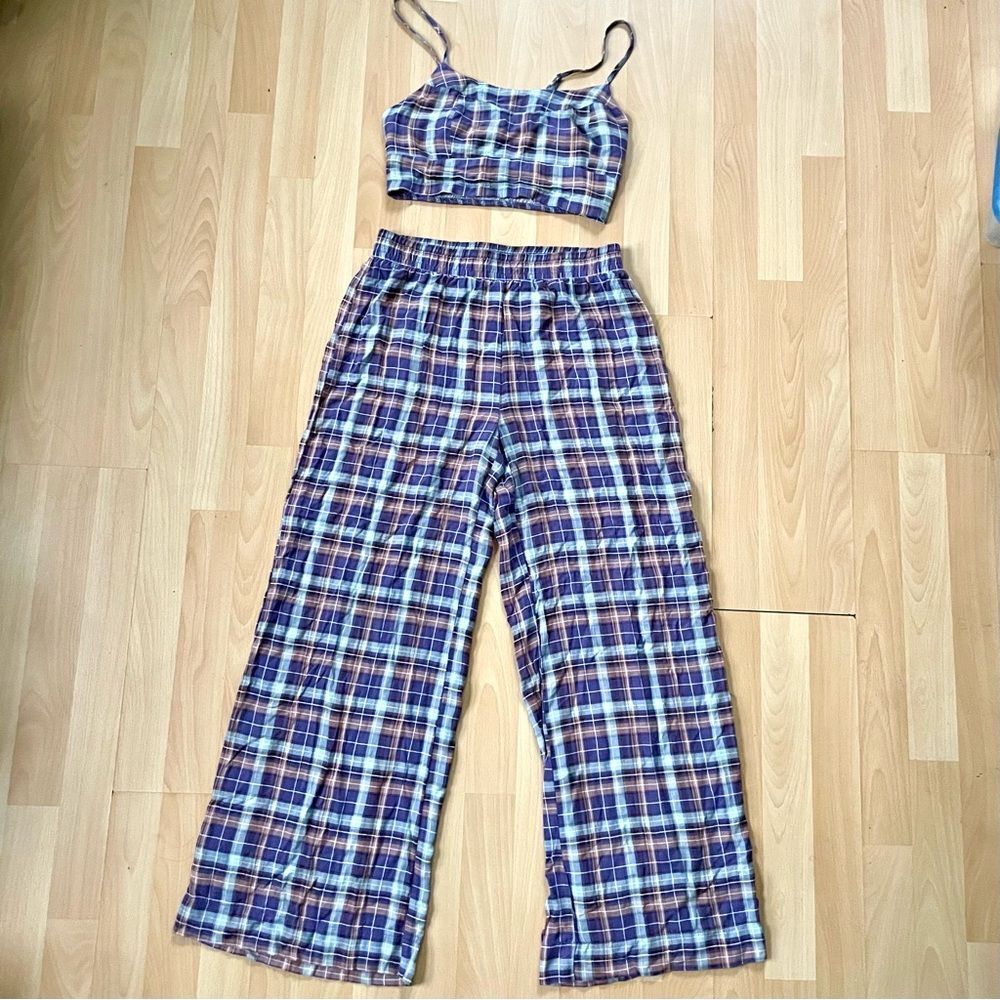Plaid Crop top Cami, matching Plaid Wide Leg Pants, Loungewear coord set pjs S